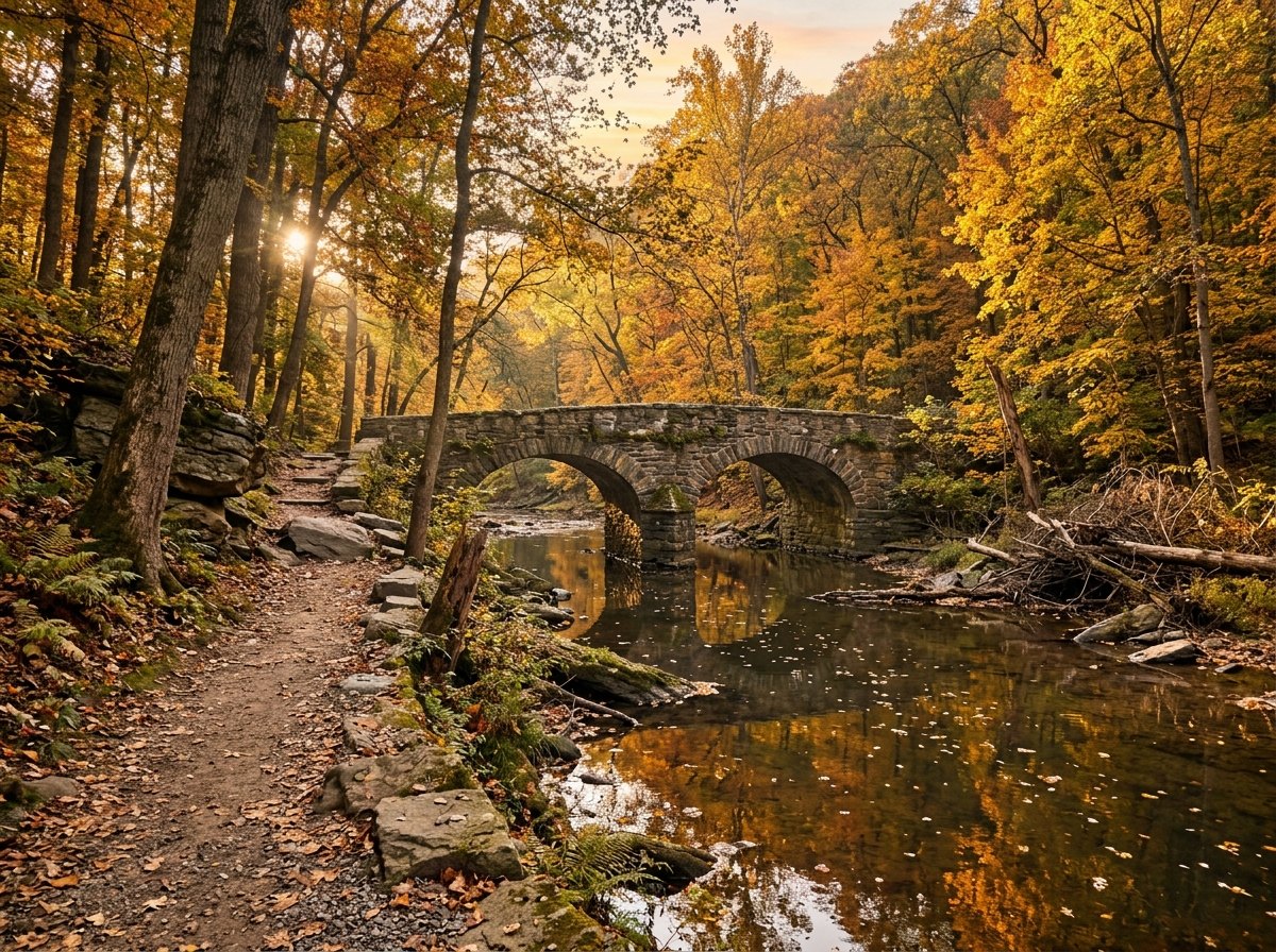 Scenic wooded park trail and historic stone bridge in Philadelphia